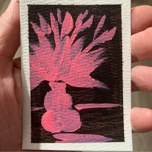 ACEO Original Miniature painting- Pink Abstract Plant Art